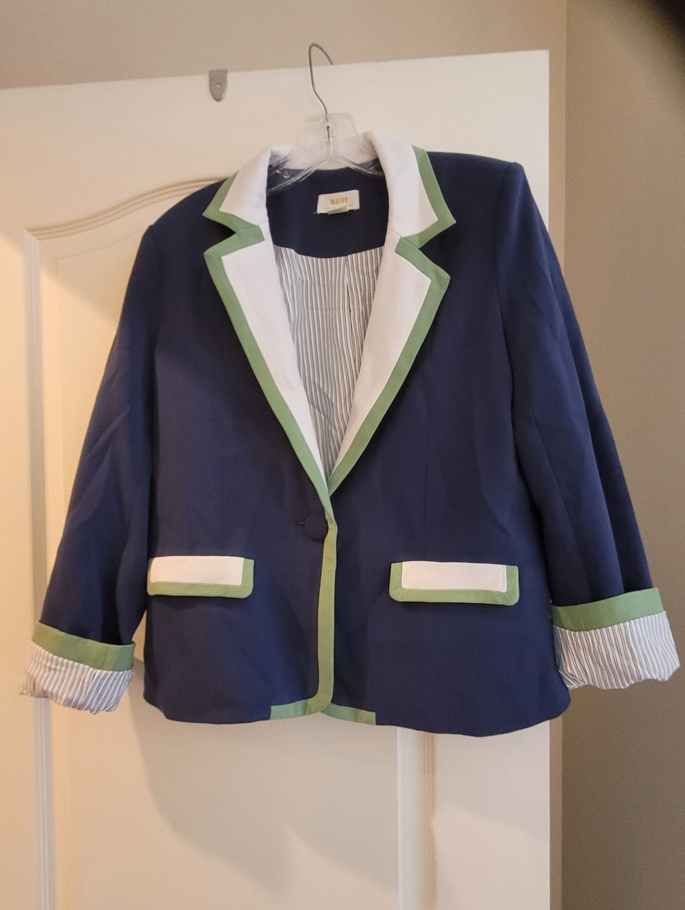 Maeve By Anthropologie Navy Blazer with White and Light Green Trim